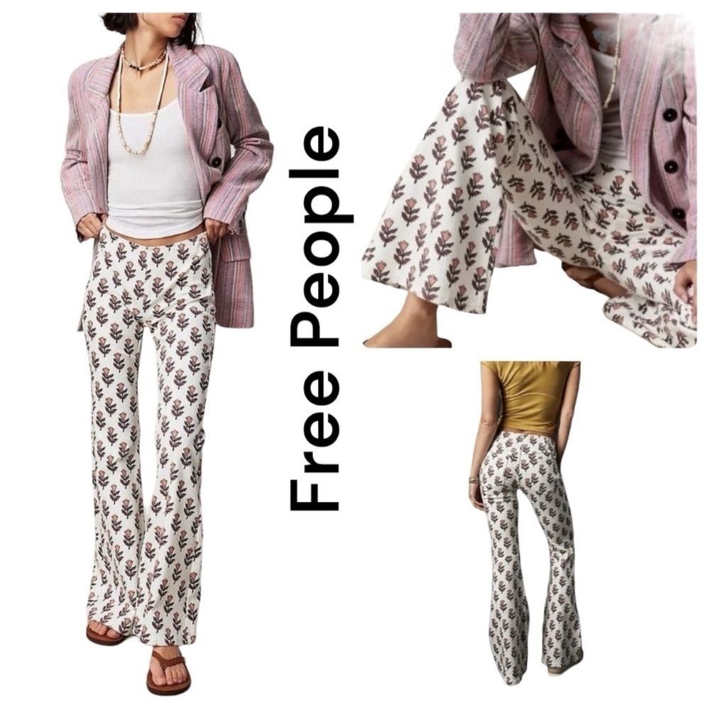 NWOT Free People Penny Pull On Printed Mid Rise Flare Jeans